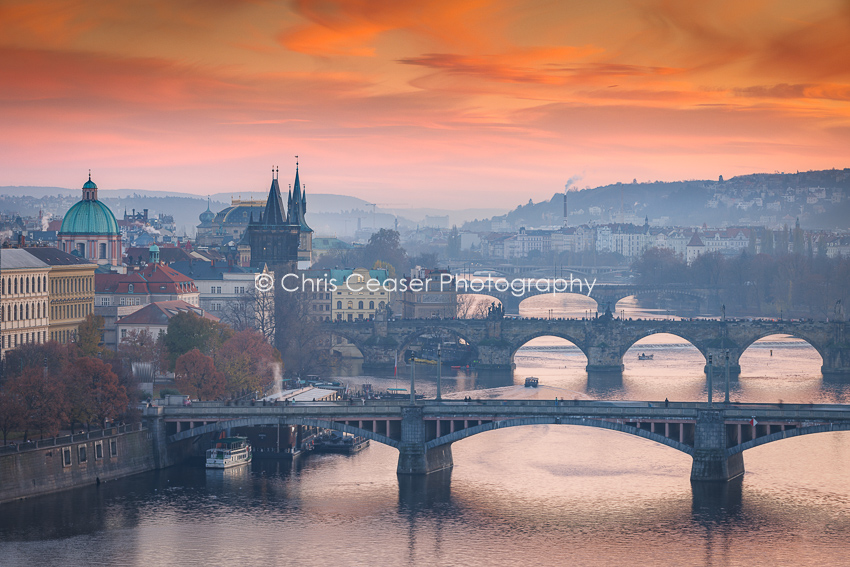 Hazy Sunset Over The Bridges, Prague